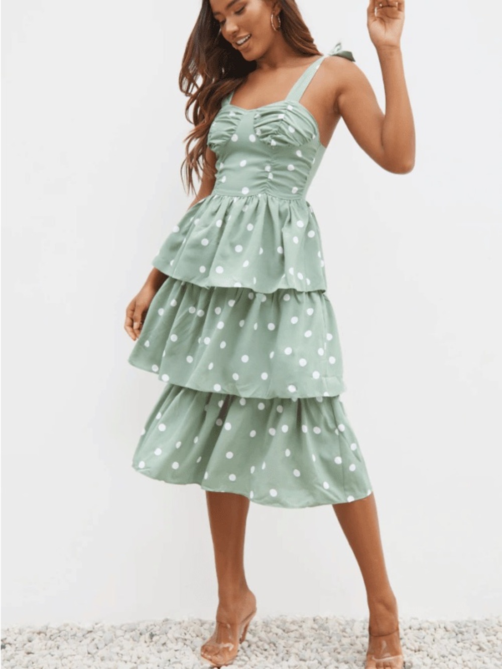Prettylittlething Green Polka Dot Tiered Sundress